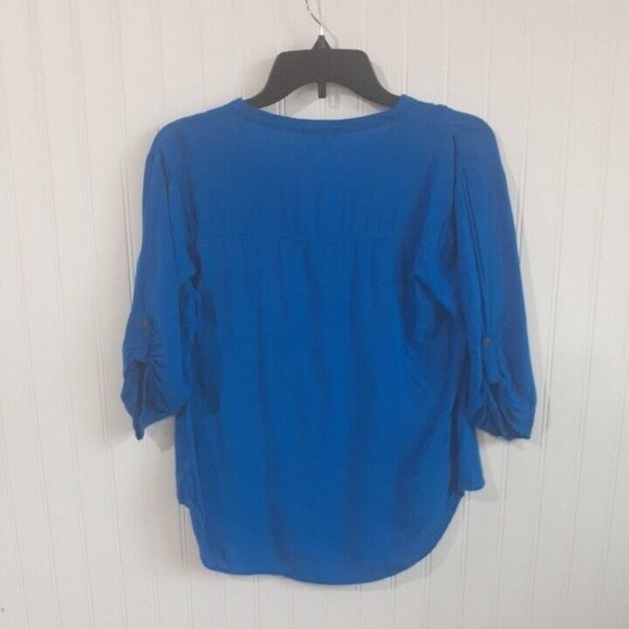 FANG Womens Small Royal‎ Blue 1/4 Button Blouse Hi Lo Hem - Picture 2 of 11